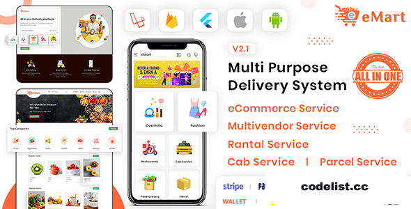 eMart v3.0 - Multivendor Food, eCommerce, Parcel, Taxi booking, Car Rental App with Admin and Website