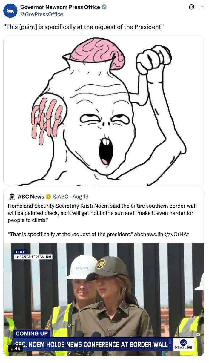 Cartoon figure with wall background and text: "This [paint] is specifically at the request of the President,” plus screenshot of news conference