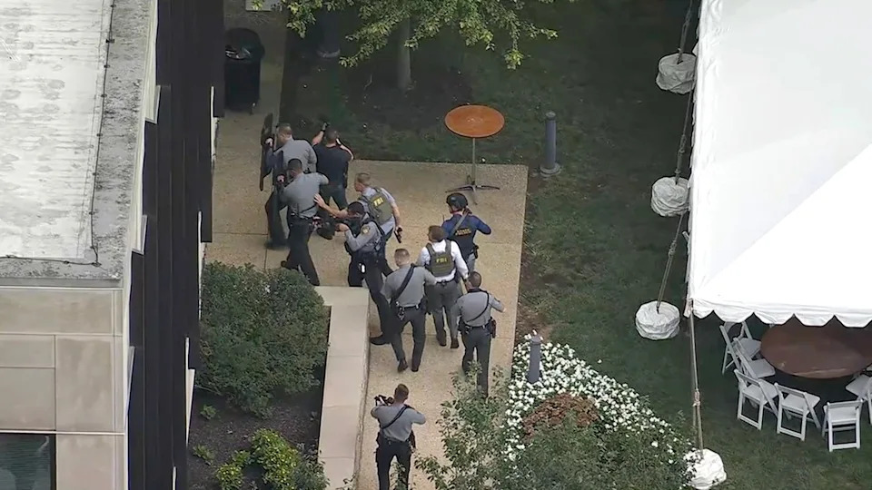 WPVI - PHOTO: In this screen shot from a video, law enforcement officials are shown at the scene of a shooting at Villanova University, Aug. 21, 2025.