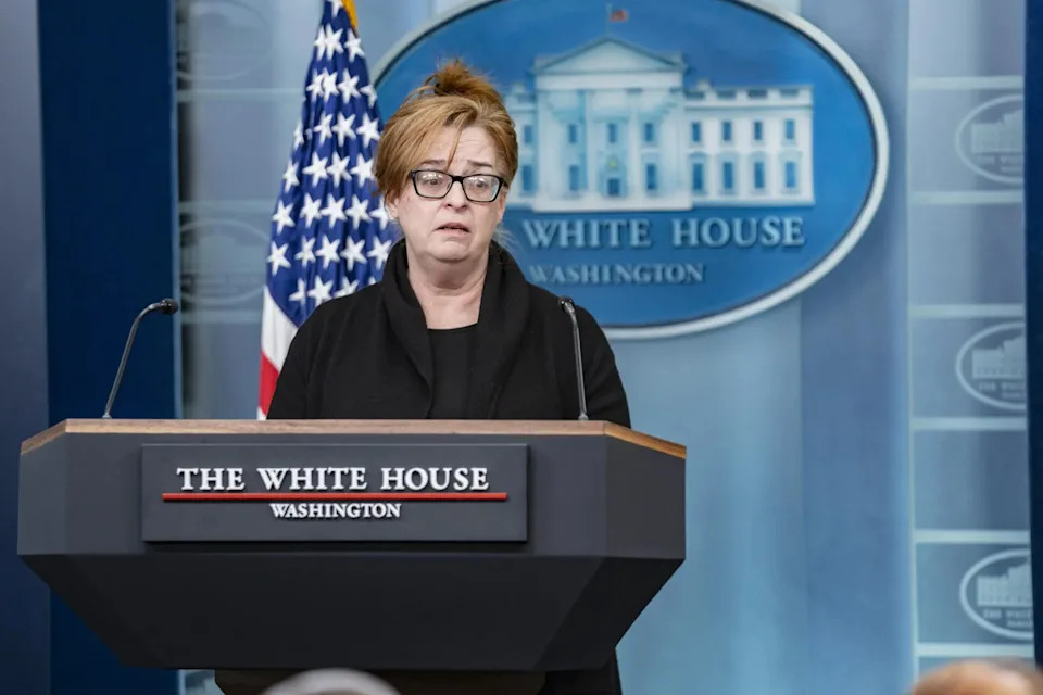 Patty Morin, mother of homicide victim Rachel Morin, speaks during a White House press conference on April 16, 2025, standing beside Karoline Leavitt, White House Press Secretary. (Photo by Andrew Thomas / Middle East Images / Middle East Images via AFP) (Photo by ANDREW THOMAS/Middle East Images/AFP via Getty Images)