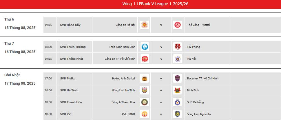 Lịch thi đấu vòng 1 V-League 2025/26 mới nhất