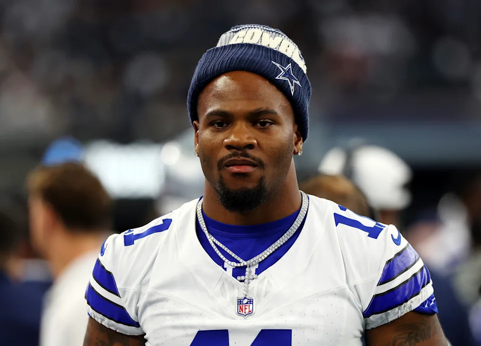 Dallas Cowboys defensive end Micah Parsons (11) stands on the sideline during a preseason NFL football game against the Baltimore Ravens, Saturday, Aug. 16, 2025 in Arlington, Texas. (AP Photo/Richard W. Rodriguez)