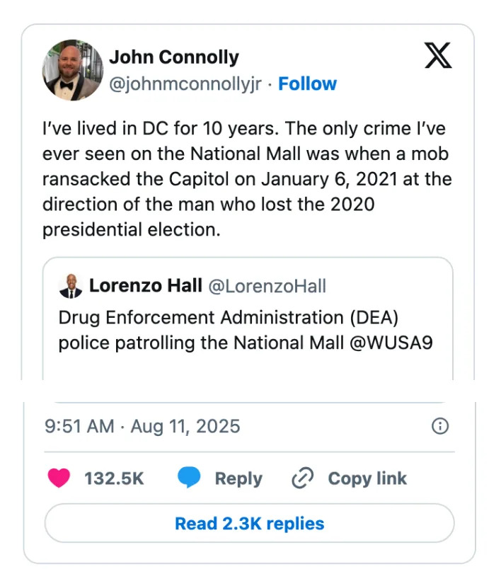 Tweet by John Connolly stating he's lived in DC for 10 years; mentions mob at Capitol on Jan 6, 2021, directed by man who lost 2020 election