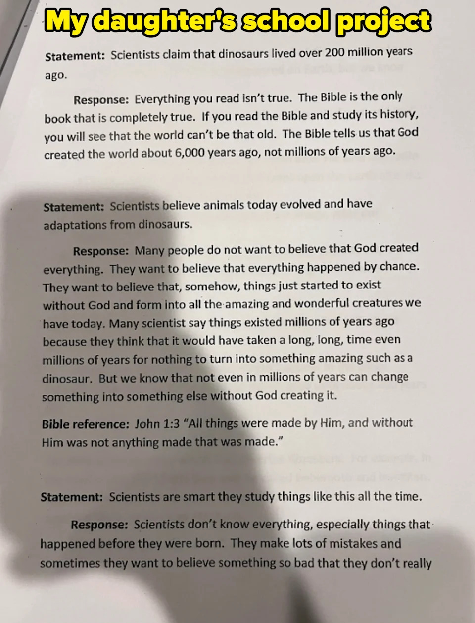 School project stating that multiple scientific claims, like about dinosaurs and evolution, are false, and that the Bible is the only thing that's true