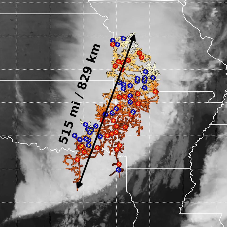 Composite satellite imagery mapping of the record lightning megaflash (Michael Peterson / GTRI)
