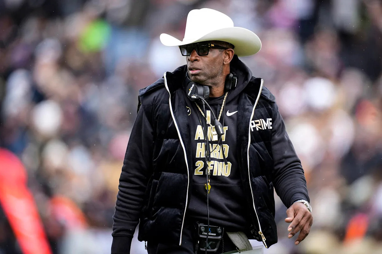 Image: Colorado head coach Deion Sanders looks on in the first half of the team&#39;s spring practice NCAA college football game April 22, 2023, in Boulder, Colo. (David Zalubowski / AP file)