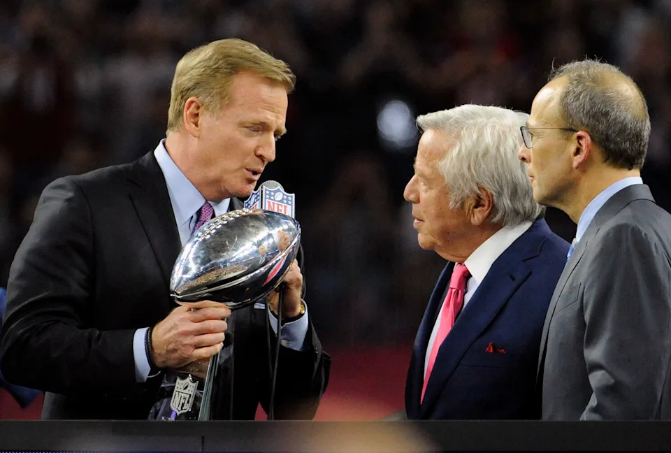 HOUSTON, TX - FEBRUARY 05: NFL Commissioner Roger Goodell presents the Vince Lombardi Trophy to Robert Kraft owner of the New England Patriots after the Patriots defeat the Atlanta Falcons 34-28 in overtime of Super Bowl 51 at NRG Stadium on February 5, 2017 in Houston, Texas. (Photo by Focus on Sport/Getty Images)