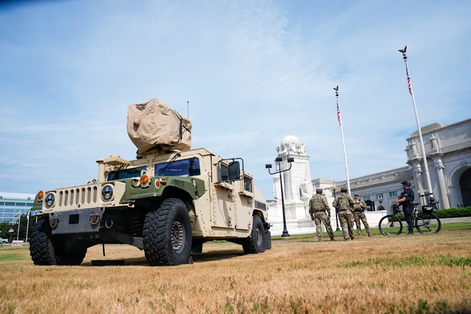 Aug 14, 2025; Washington, DC, USA; District of Columbia National Guard presence along with United States Capitol Police at Union Station in Washington, DC on Thursday, August 14, 2025. Homeless encampments are also being cleared in Washington days after Trump seized control of D.C.'s local law enforcement, deployed National Guard troops, and ordered people living outside to "immediately" move, suggesting, as the president put it, that they be relocated "FAR from the Capital.". Mandatory Credit: Jack Gruber-USA TODAY