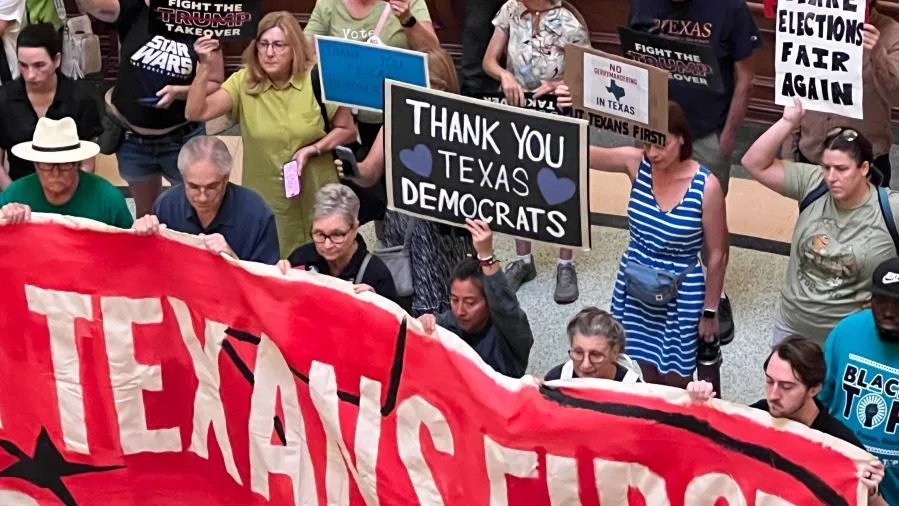 Protesters gather at the Texas Capitol on Aug. 20, 2025, to protest plans for a new congressional map. (KXAN Photo/Todd Bailey)