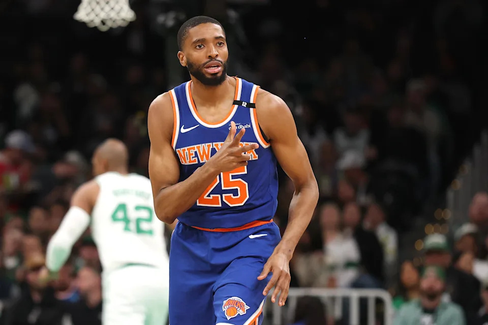 BOSTON, MASSACHUSETTS - MAY 05: Mikal Bridges #25 of the New York Knicks celebrates after making a three-point basket against the Boston Celtics during the third quarter in Game One of the Eastern Conference Second Round NBA Playoffs at TD Garden on May 05, 2025 in Boston, Massachusetts. NOTE TO USER: User expressly acknowledges and agrees that, by downloading and or using this photograph, User is consenting to the terms and conditions of the Getty Images License Agreement. (Photo by Maddie Meyer/Getty Images)