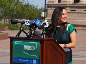  House Minority Leader Cyndi Munson, D-Oklahoma City, announces her campaign for Oklahoma governor on April 15 outside the state Capitol. (Photo by Emma Murphy/Oklahoma Voice)