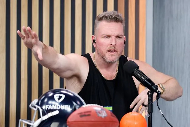 Mike Lawrie/Getty Pat McAfee speaking on radio row ahead of the 2023 Super Bowl
