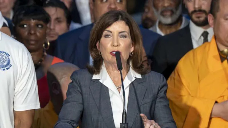New York Gov. Kathy Hochul speaks at a prayer vigil after a mass shooting in Manhattan