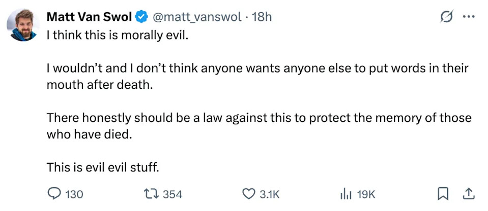 Tweet by user criticizing the act of putting words in the mouths of the deceased, suggesting it is morally wrong and should be legally prohibited