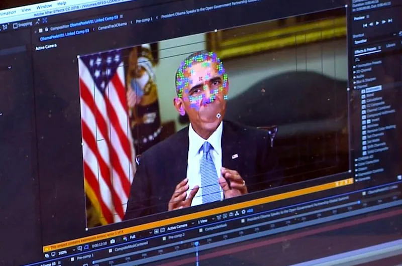 This image made from video of a fake video featuring former President Barack Obama shows elements of facial mapping used in new technology that lets anyone make videos of real people appearing to say things they've never said. There is rising concern that U.S. adversaries will use new technology to make authentic-looking videos to influence political campaigns or jeopardize national security. | Associated Press