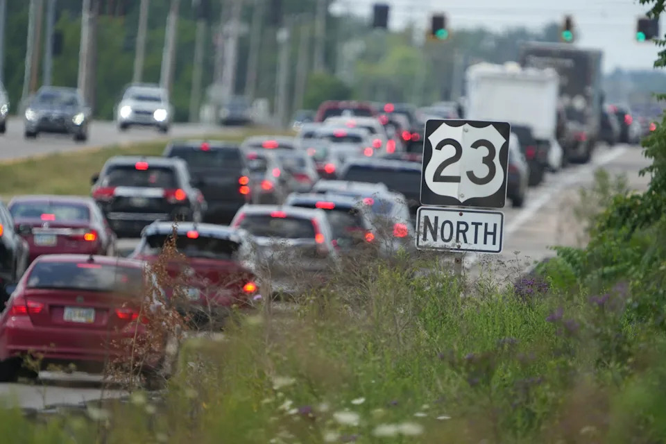 Traffic backs up along U.S. Route 23 near the Orange Township pedestrian bridge on August 11, 2025. The DeWine administration has been pushing for massive improvements to U.S. 23 from Worthington to Waldo. In 2024, DeWine unveiled plans to remove 33 of 39 traffic lights, install overpasses and add interchanges along the 23-mile stretch in an attempt to improve traffic and improve safety. Parallel to that effort is a feasibility study being done by Ohio Department of Transportation into building a new interstate that links Toledo to Cheasapeake.