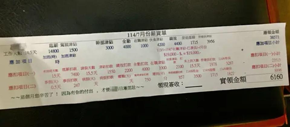 該名網友貼出薪資條，震驚不少網友。（翻攝自Dcard）