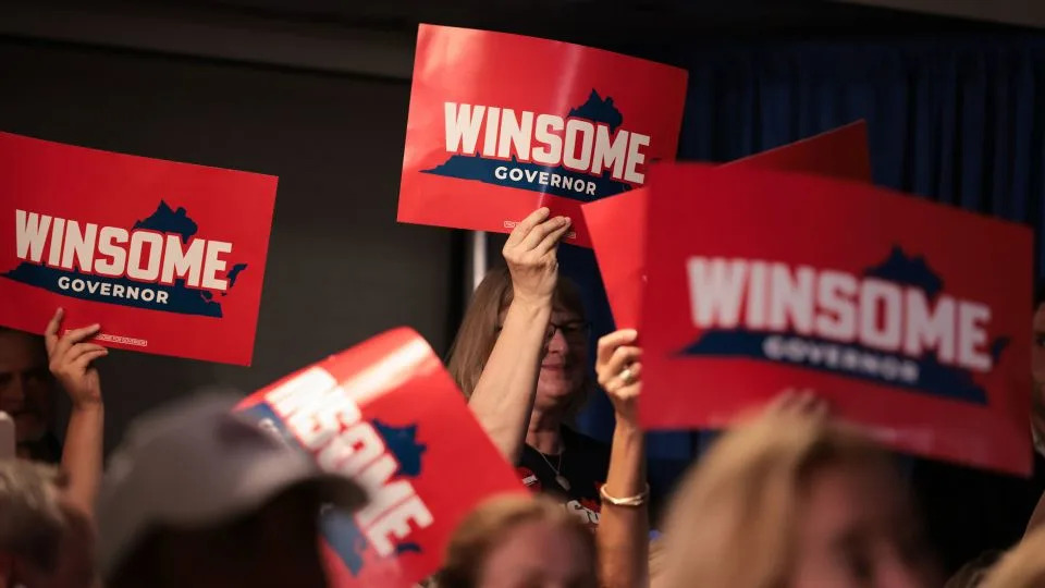 Supporters cheer for Earle-Sears during a campaign event at the Vienna Volunteer Fire Department on July 1, 2025 in Vienna, Virginia. - Kayla Bartkowski/Getty Images