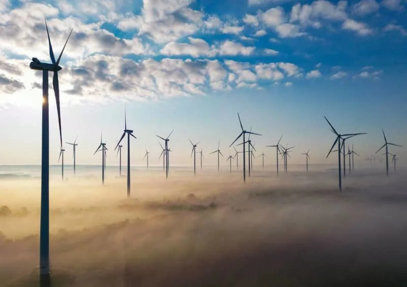 The morning sun shines over a wind farm in eastern Brandenburg. Patrick Pleul/dpa