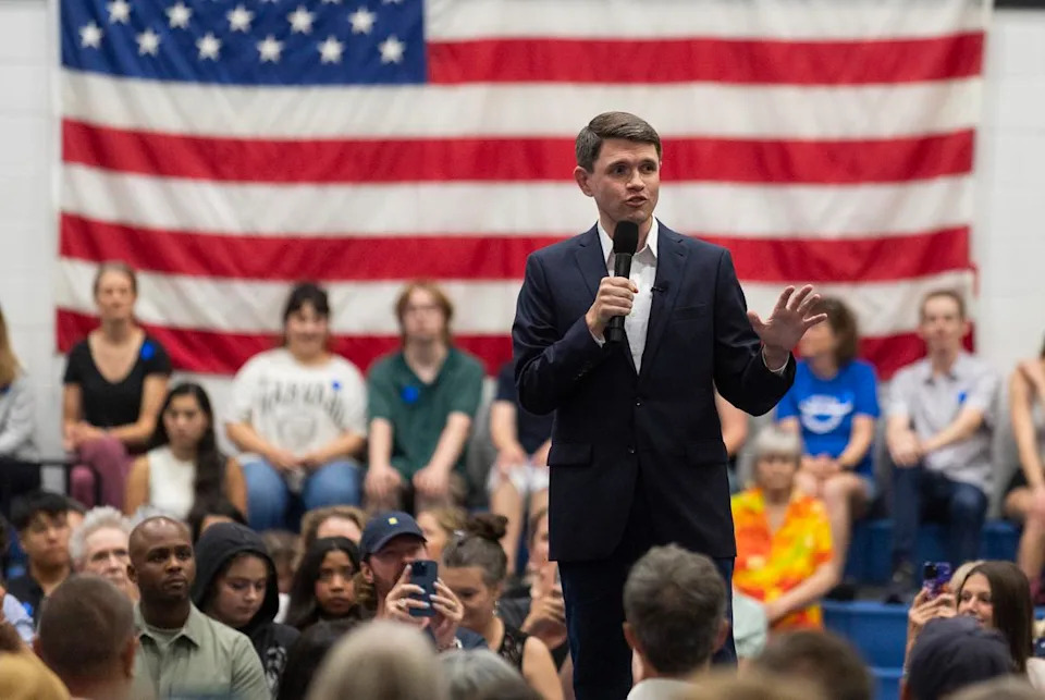 State Rep. James Talarico, D-Austin, speaks during a redistricting rally at Delco Activity Center in Austin on Friday, July 25, 2025.