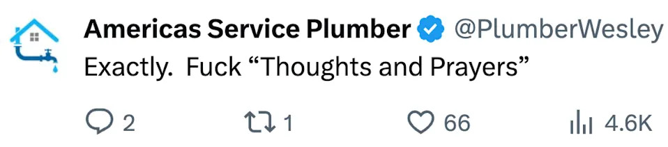 Tweet by Americas Service Plumber: "Exactly. Fuck 'Thoughts and Prayers'" with engagement icons