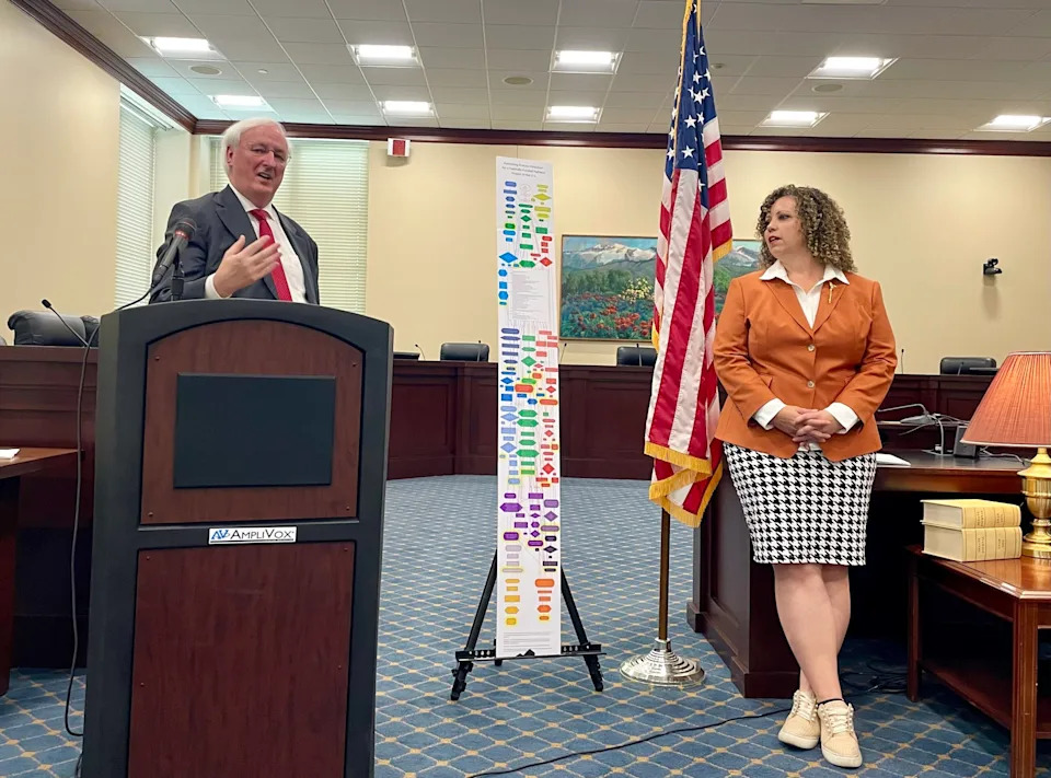  Rep. Celeste Maloy, R-Utah, (right) and Jeffrey Rosen, a senior fellow at the American Enterprise Institute, talk during a summit on federal regulations held at the Utah Capitol in Salt Lake City on Aug. 15, 2025. (Katie McKellar/Utah News Dispatch)