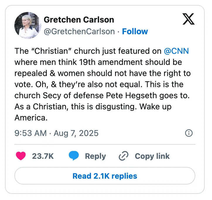 Tweet by Gretchen Carlson criticizing a church on CNN where men oppose women's voting rights; she calls it disgusting and urges America to wake up