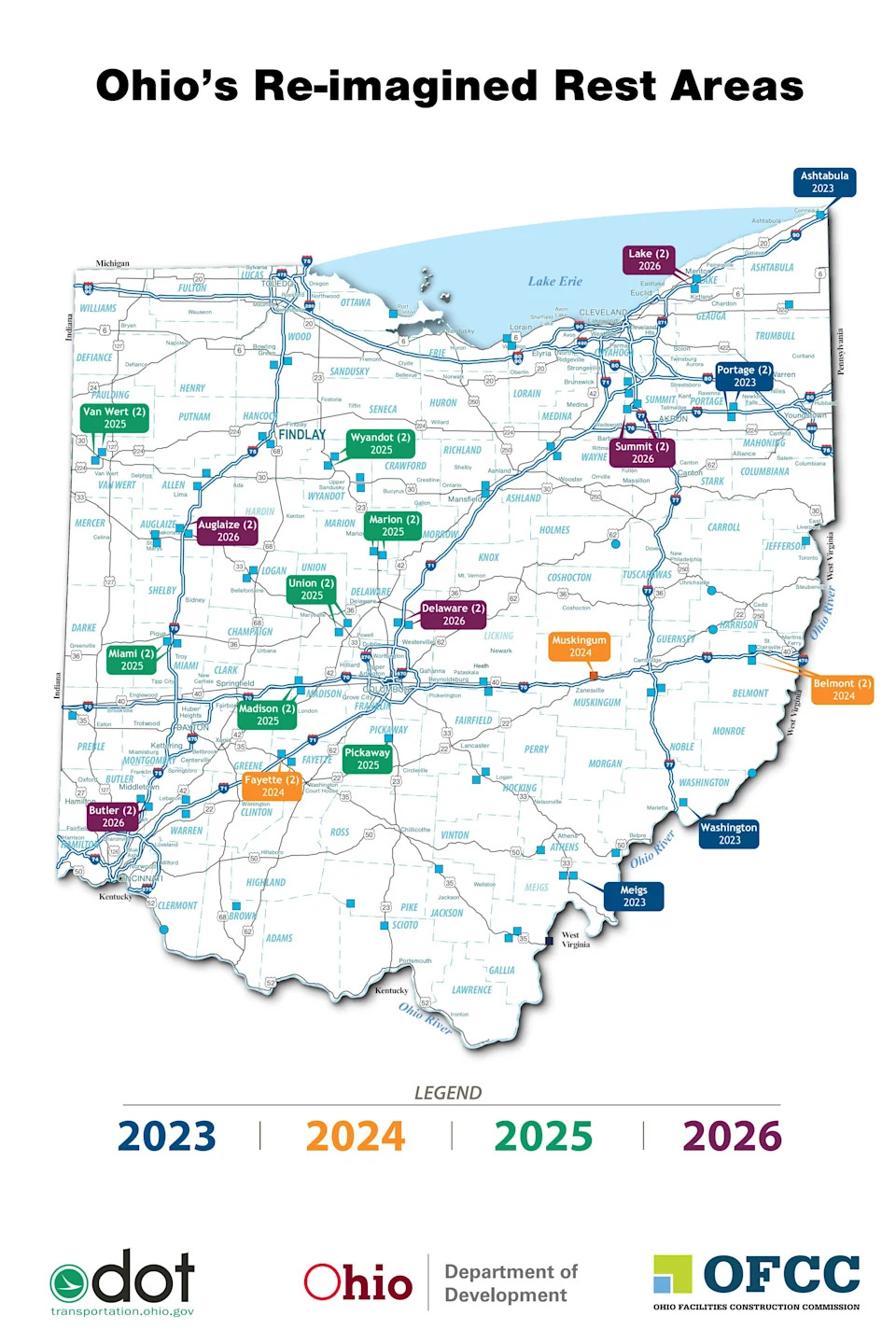 This map from the Ohio Department of Transportation shows the rest areas around the state that will be or have been upgraded.