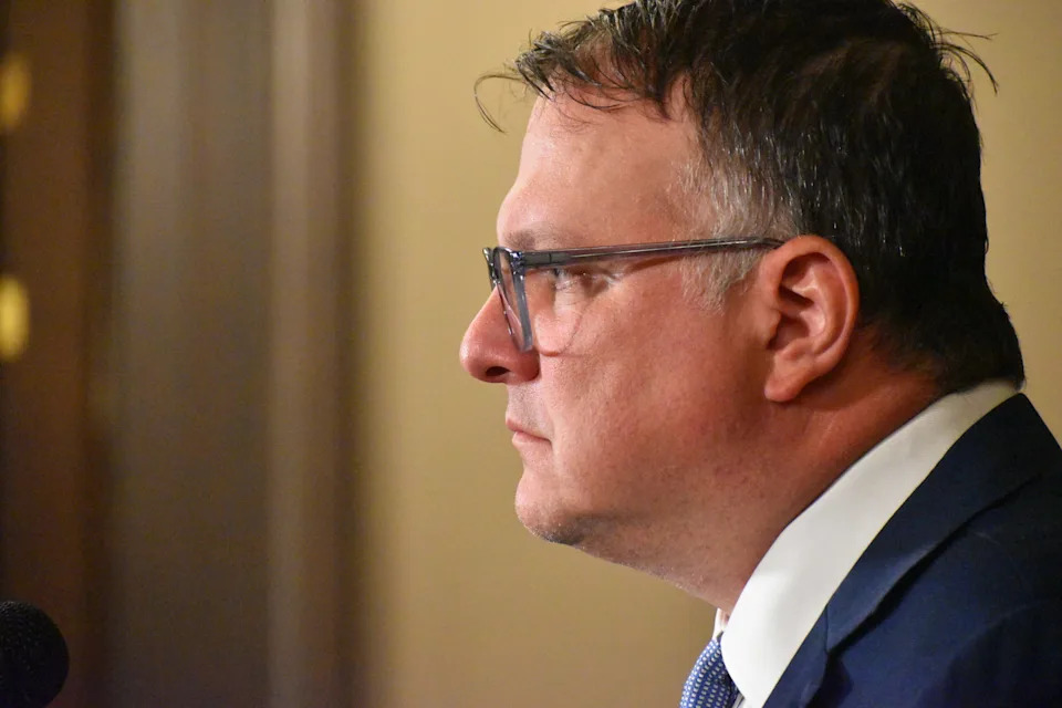 Michigan House Speaker Matt Hall (R-Richland Township) speaks to members of the Capitol press corps following the removal of state Rep. Alabas Farhat (D-Dearborn). July 24, 2025 | Ben Solis/Michigan Advance