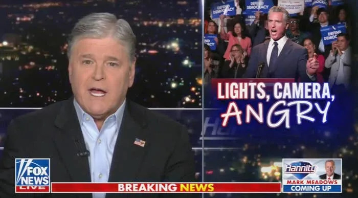 TV news segment split screen with anchor on left. Right displays a politician speaking and text reading, "Lights, Camera, Angry."