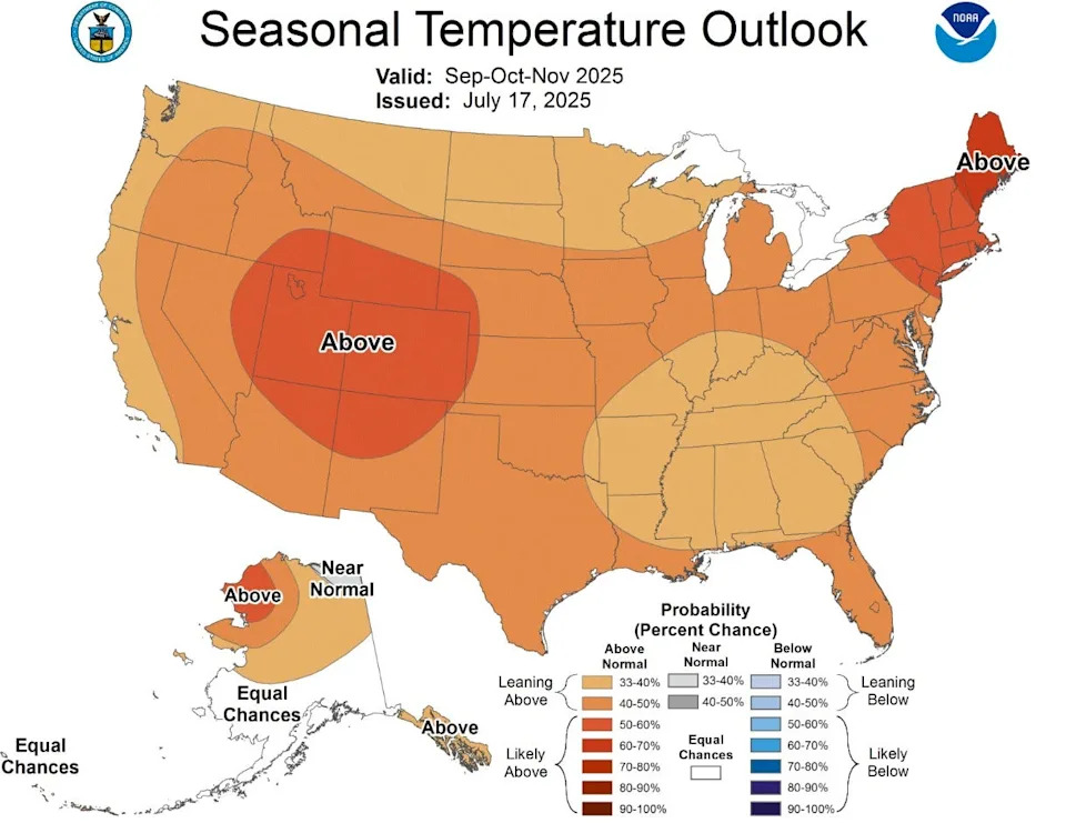 Seasonal temperature outlook for September, October and November 2025 across the U.S.