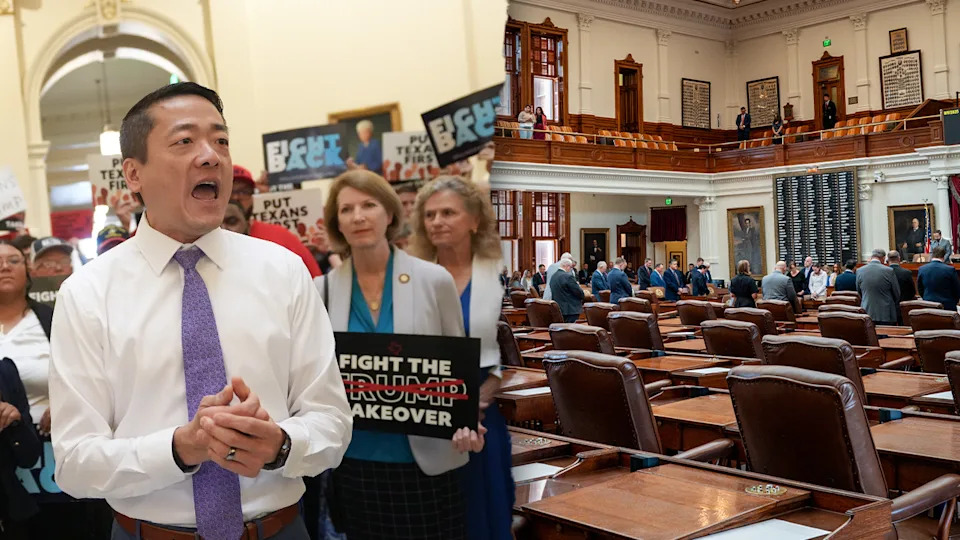 A split photo of Rep. Gene Wu, D-Houston, right, next to a photo of a nearly empty Texas House of Representatives in Austin, Texas. Democrats fled the state in August in an effort to block Gov. Greg Abbott's attempt at redistricting. (Photos via Getty Images)