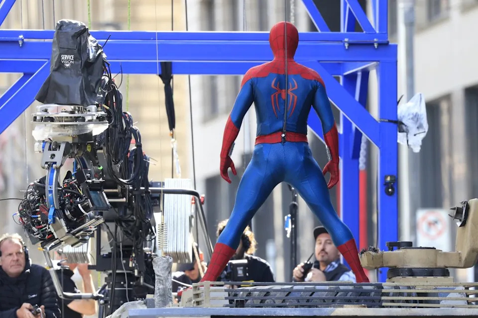 Tom Holland performs stunt sequences while filming scenes for the new “Spider-Man” movie in Glasgow, Scotland. DMC / SplashNews.com