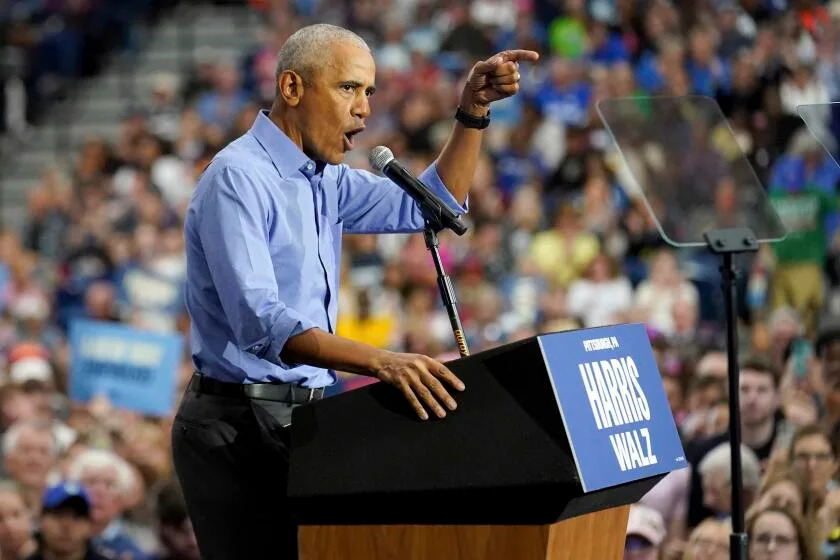 Former President Barack Obama speaks during a campaign rally supporting Democratic presidential nominee Vice President Kamala Harris, Thursday, Oct. 10, 2024, at the University of Pittsburgh&#39;s Fitzgerald Field House in Pittsburgh. (AP Photo/Matt Freed)