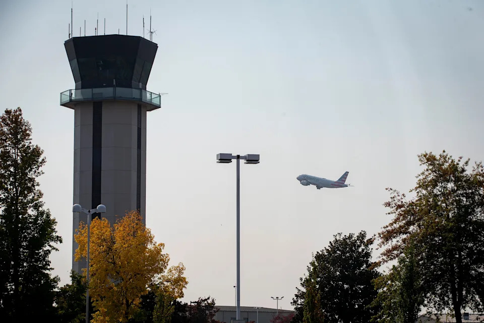 An American Airlines flight takes off from the Eugene Airport Friday, Oct. 7, 2022, in Eugene, Ore.