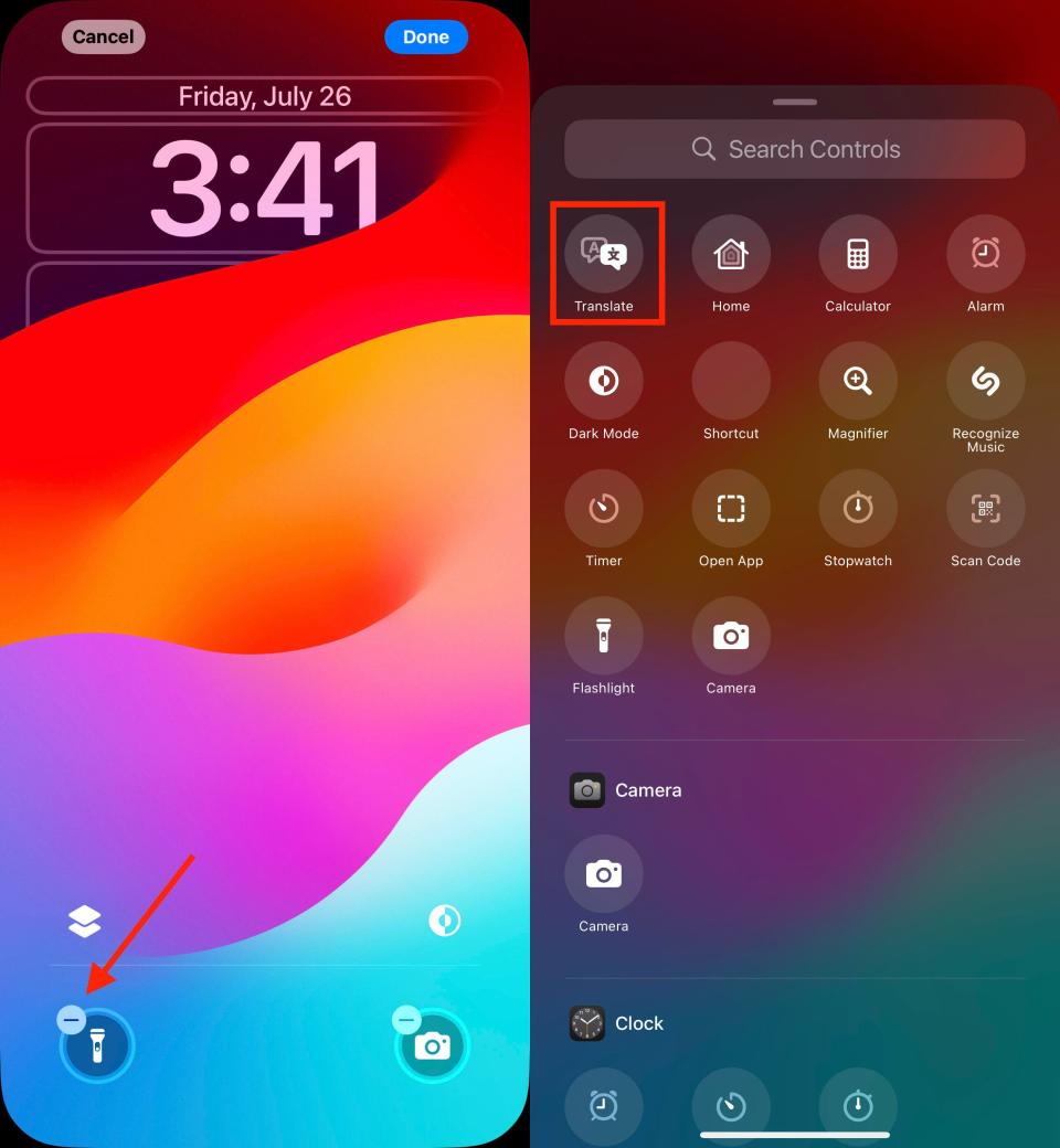 Two iOS 18 screenshots showing the process of editing the lock screen. An arrow points to the minus button on the lower-left control. At right is the screen of replacement controls that can be used.