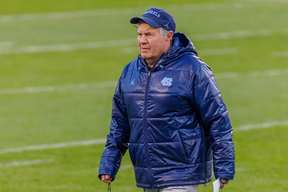 CHAPEL HILL, NORTH CAROLINA - APRIL 12: Head coach Bill Belichick of the North Carolina Tar Heels coaches at Kenan Stadium on April 12, 2025 in Chapel Hill, North Carolina. (Photo by Peyton Williams/Getty Images)