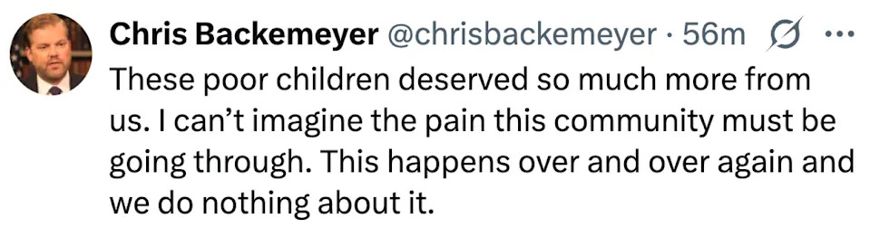 Tweet from Chris Backemeyer expressing empathy and frustration about recurring tragedies affecting children and the community