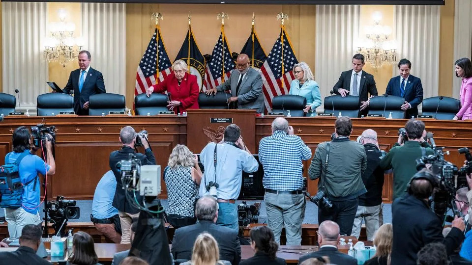 Then-Rep. Schiff, left, and the other members of the House Select Committee tasked with investigating the January 6 attack on the Capitol arrive for a hearing in June 2022. - Jabin Botsford/Pool/Reuters