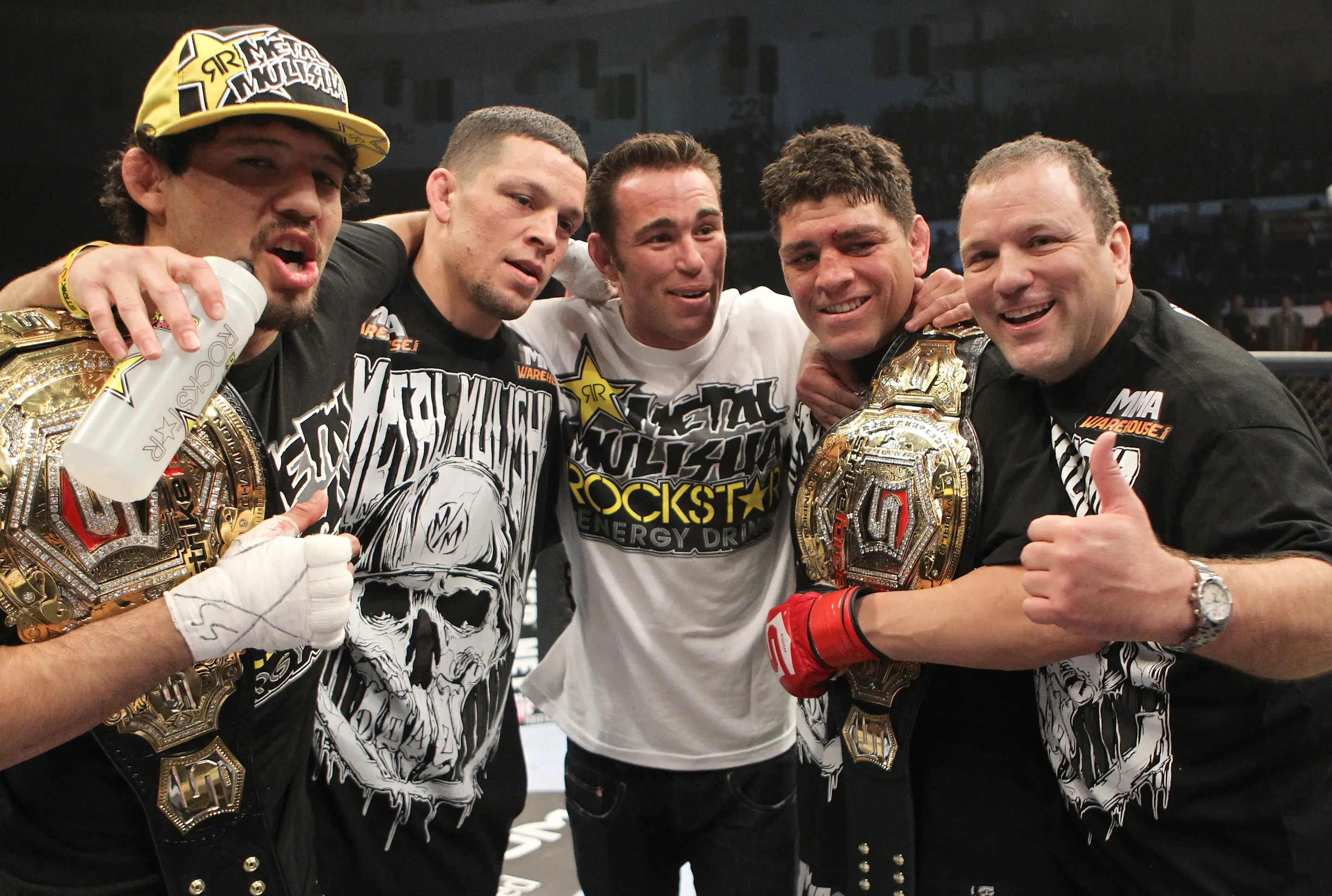 SAN DIEGO - APRIL 09: (L-R) Gilbert Melendez, Nate Diaz, Jake Shields, Nick Diaz and Cesar Gracie pose for a team photo after Nick Diaz's TKO victory over Paul Daley at the Strikeforce event at the Valley View Casino Center on April 9, 2011 in San Diego, California. (Photo by Esther Lin/Zuffa LLC/Zuffa LLC via Getty Images)