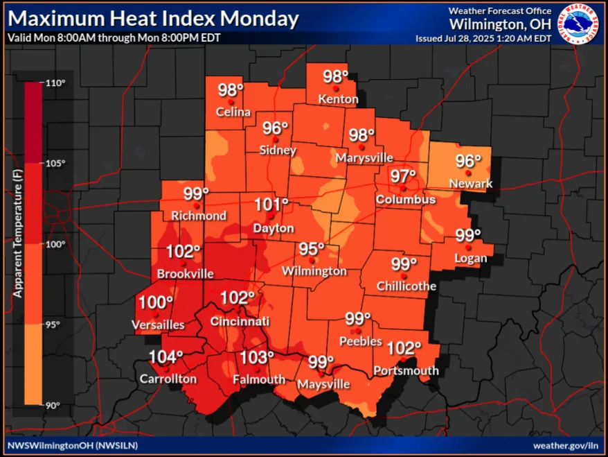 The National Weather Service in Wilmington has issued a heat advisory for all of central Ohio as "real feel" temperatures are expected to reach 100 degrees.