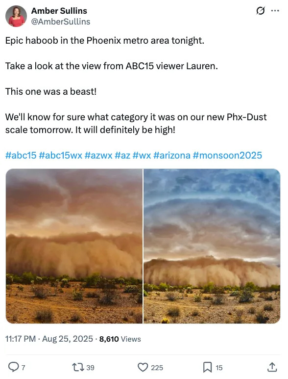 Tweet by Amber Sullins showing two images of a massive dust storm in the Phoenix area, describing it as a "beast" with hashtags #abc15wx and #azweather