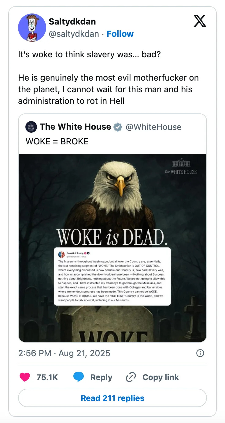A Twitter post criticizing someone, displaying an eagle over gravestones with the words "WOKE IS DEAD." The post is by a user named Saltydkdan