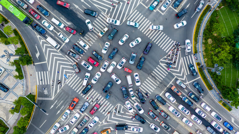 Traffic Jam, Overhead View. Qingdao City, Shandong Province, China