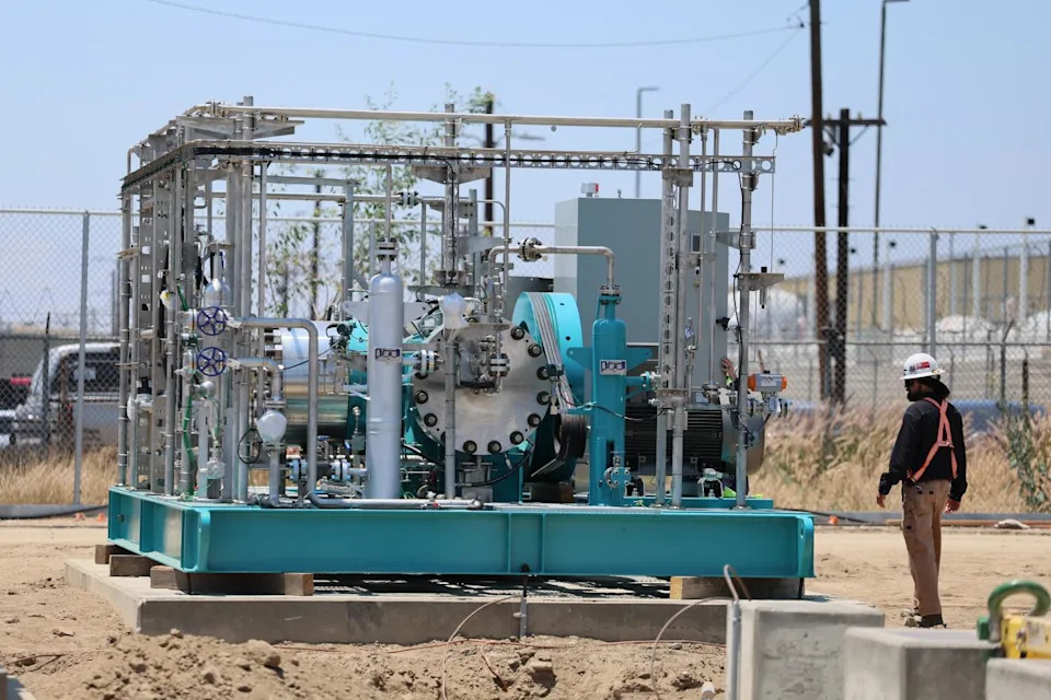 A construction worker on site at the Avina Clean Hydrogen Facility.
