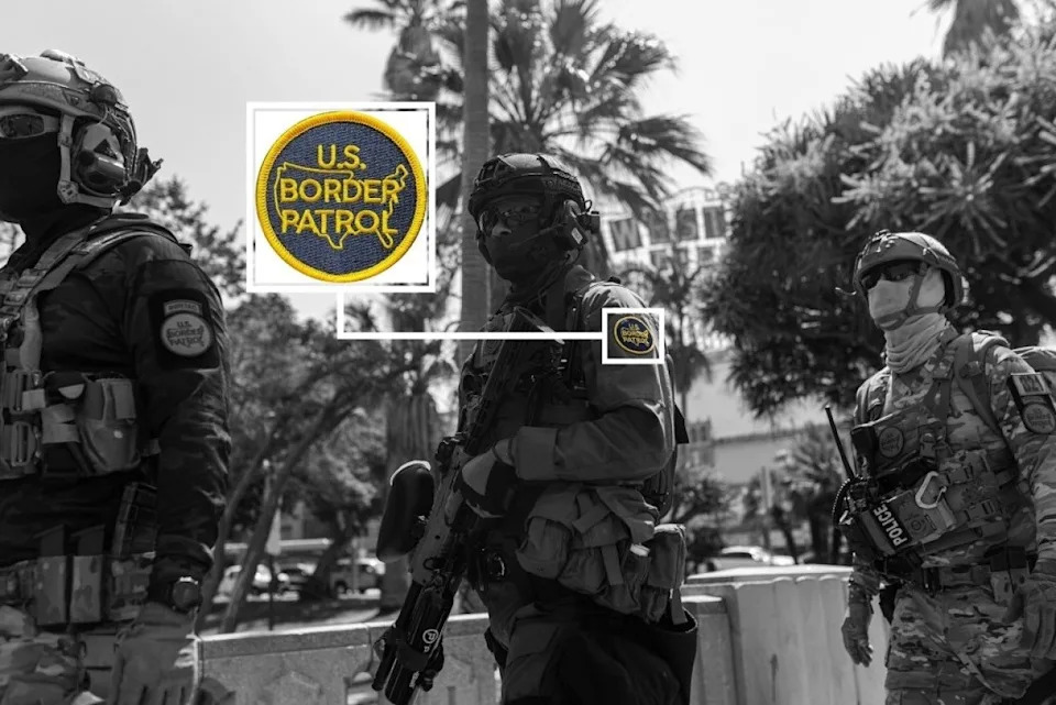 Black and white image of three federal agents, faces covered with balaclavas and sunglasses, at MacArthur Park in Los Angeles, with an inset enlargement detail of the U.S. Border Patrol patch, in color, that is visible on one agent's sleeve. - J.W. Hendricks for CalMatters