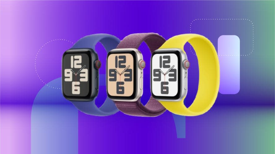 Trio of Apple Watch SE smartwatches displayed against a dark purple background with green gradient edges