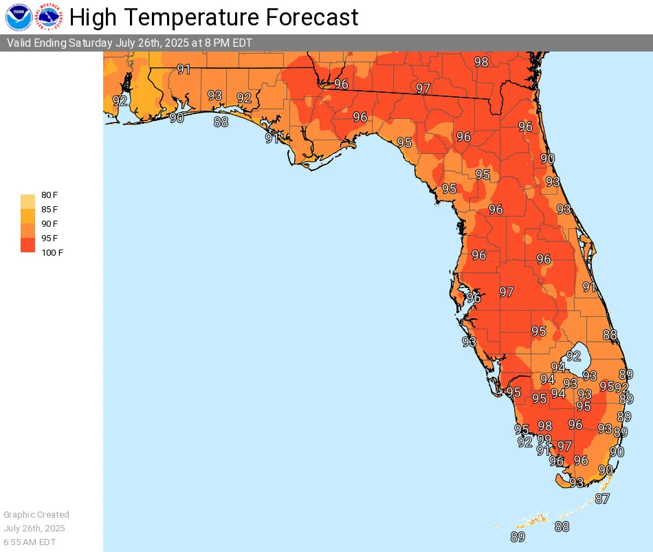 High temperature forecast for July 27, 2025.