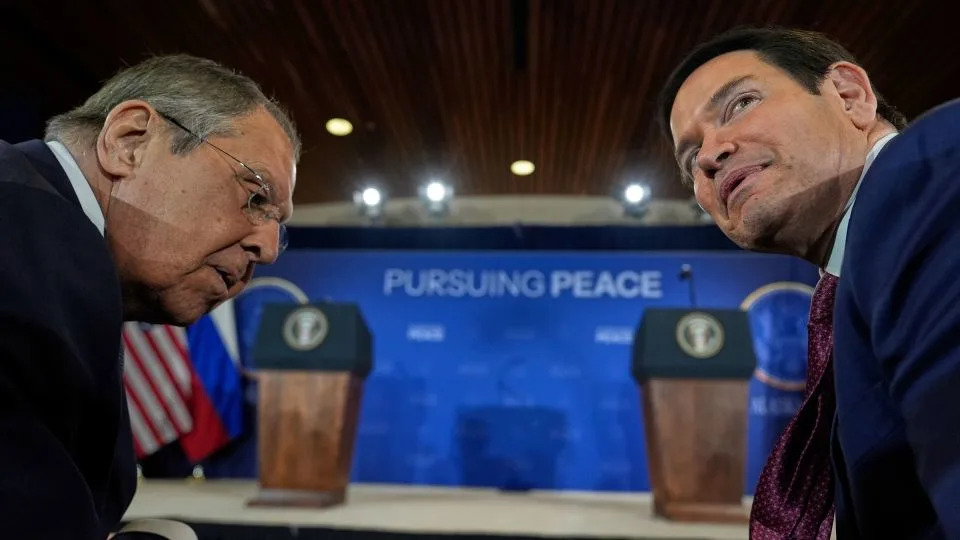 Russia's Foreign Minister Sergey Lavrov and Secretary of State Marco Rubio talk before a news conference with President Donald Trump and Russia's President Vladimir Putin at Joint Base Elmendorf-Richardson, Alaska, Friday, Aug. 15, 2025. - Julia Demaree Nikhinson/AP