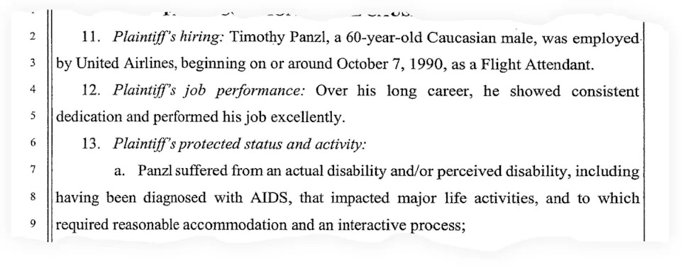 Fired flight attendant Timothy Panzl, says his AIDS diagnosis ‘impacted major life activities,’ and Panzl ‘required reasonable accommodation and an interactive process.’ (US District Court for the Southern District of California)